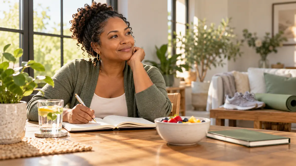 A woman journaling her wellness goals, illustrating the importance of mindset and mental resilience in sustainable weight loss.