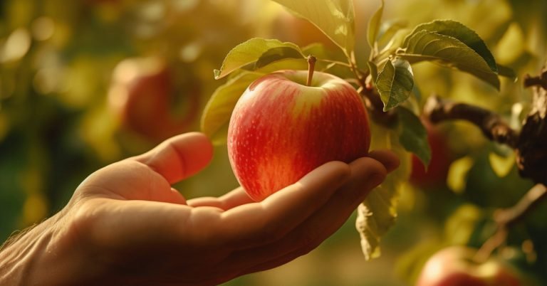 A person's hand holding a harvested apple to restore health and wellness.