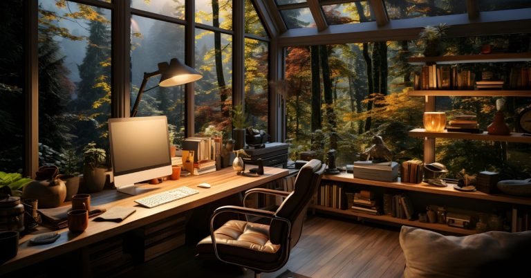 Office surrounded by external natural plants in innovation health and wellness.