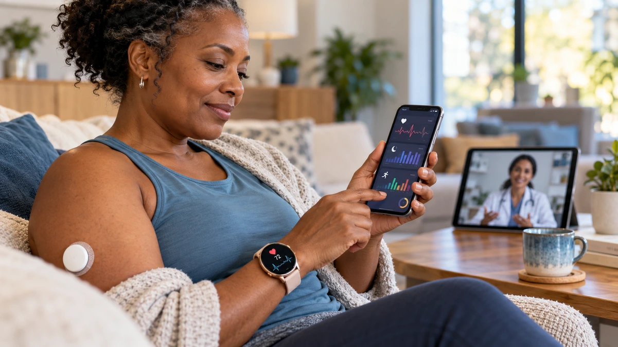 Wearable technology in healthcare featuring a smartwatch, glucose monitoring sensor and smartphone for remote health monitoring.
