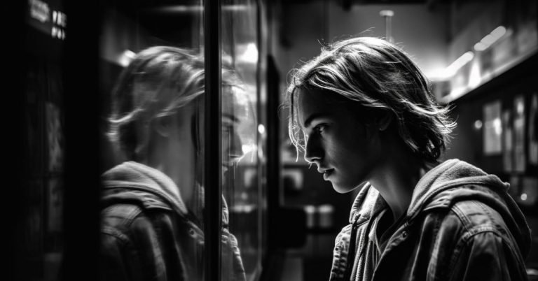 A sad woman looking at the mirror in weight loss and mental health.