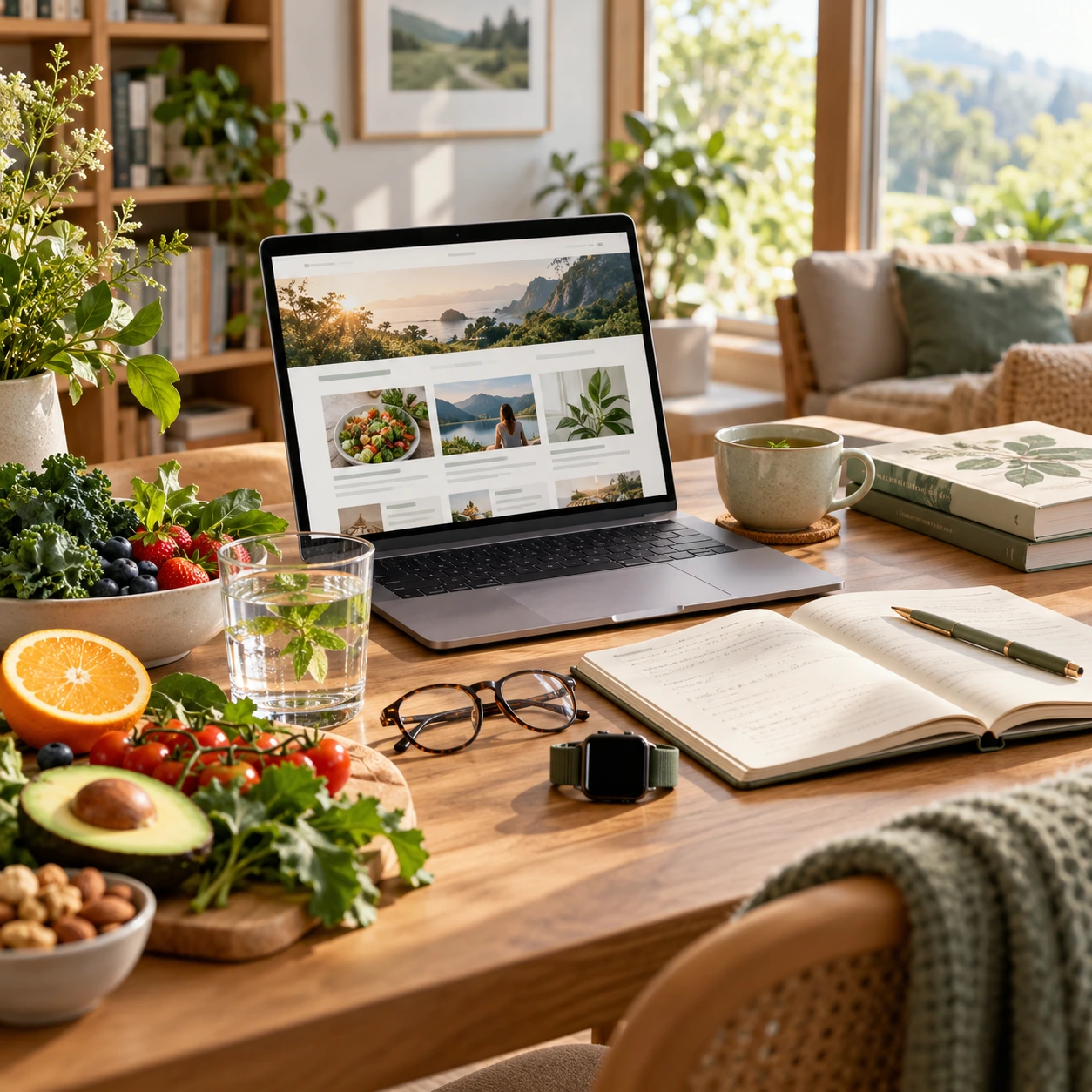 Health and wellness research workspace featuring nutrition, digital health technology and educational resources representing Hurlth's evidence-informed approach.